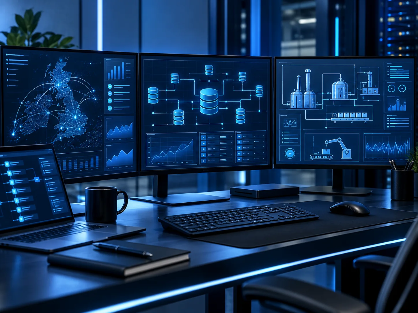 Connected software, database and industrial systems displayed across a modern workstation