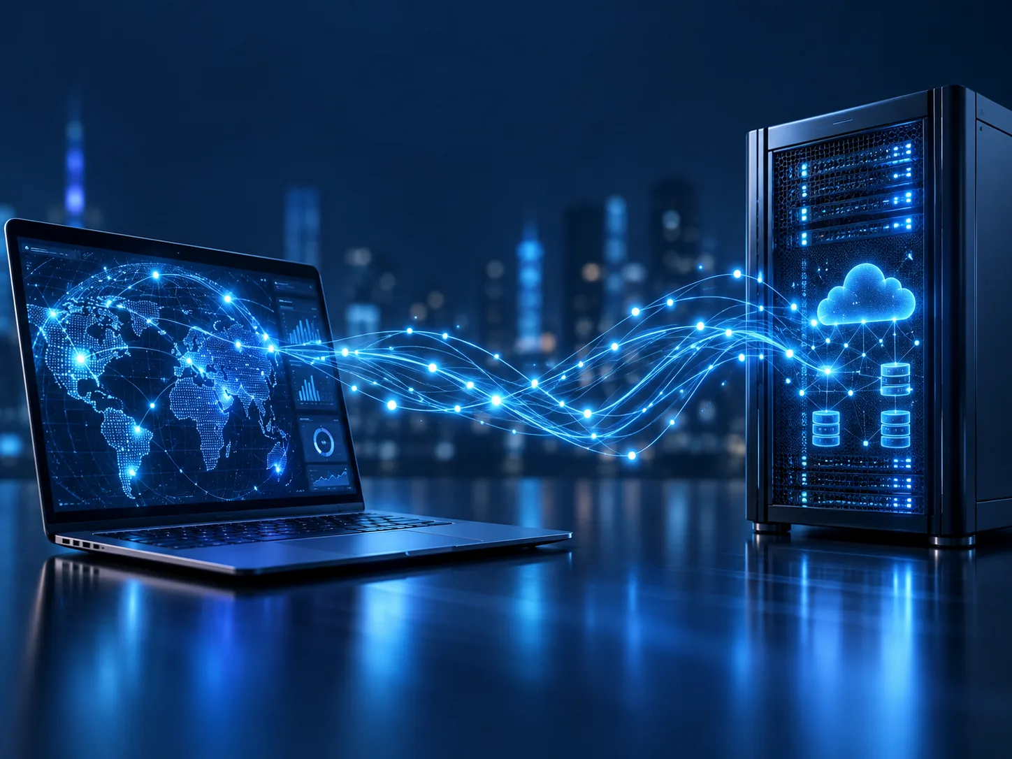 Laptop exchanging data with connected cloud and server systems