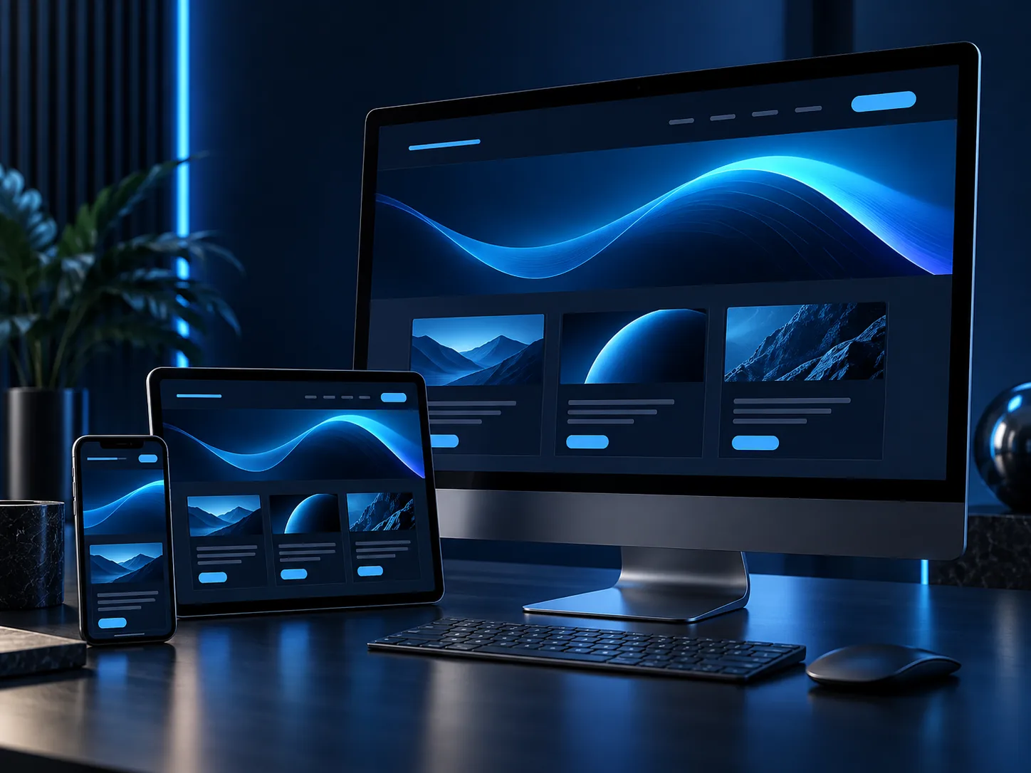 Responsive website displayed across desktop, tablet and mobile devices